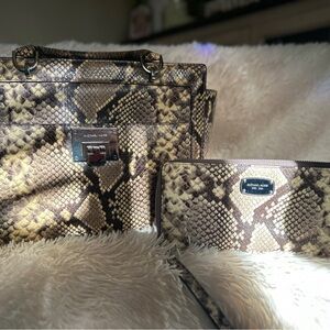 Michael Kors Snake Print Satchel and Wallet - Brown and Tan